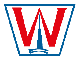 Ein stilisiertes Logo mit einem roten „W“ über einer blauen dreieckigen Basis mit einem spitzen, vertikalen Element in der Mitte, das an eine Brunnenbau-Spitze erinnert. Das Design ist von einer blauen Umrandung umgeben und symbolisiert Zuverlässigkeit und effiziente Wasserversorgung. Team Teams